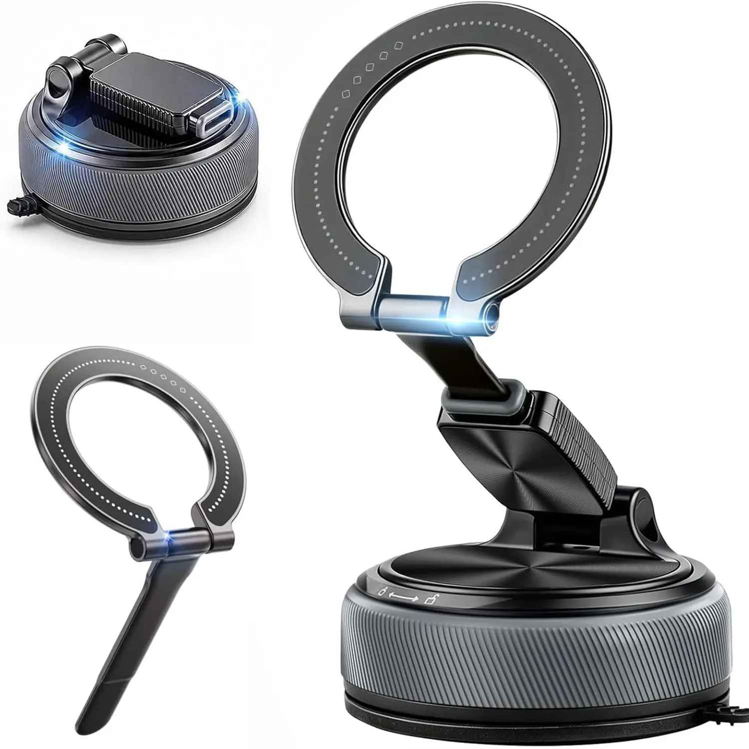 Magnetic Car Phone Mount, 2-in-1 Detachable Ring Stand for Desk & Dashboard, 360° Triple Axis Windshield Holder, N52 Strong Magnet, Universal Fit, Includes 2 Metal Plates