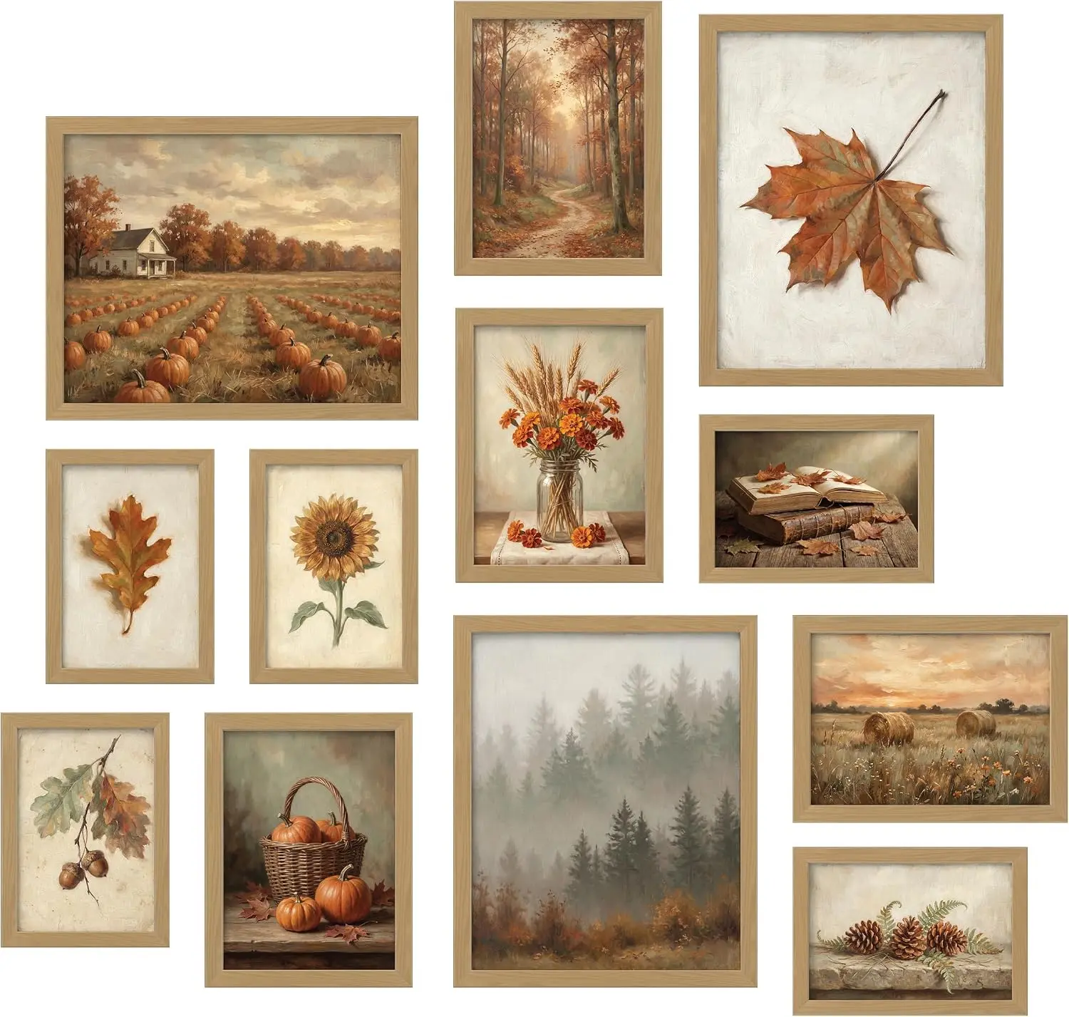 12Pcs Unframed Vintage Fall Gallery Wall Art Prints - Autumn Posters for Home Bedroom, Thanksgiving Pumpkin Home Decor