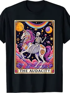 Tarot Card T-Shirt with Rainbow Skeleton Unicorn - Soft Breathable Short Sleeve Round Neck Casual Shirt Suitable for Summer, Beach, Outdoor Wear, Glossy Finish, All-Season, Random Tarot Print for Themed Events, PLUS SIZE