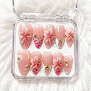 10pcs Press on Nails Almond Shape 3D Floral Nails | Handmade Pink Flowers with Gold Bead Accents French Tip | Reusable Daily Date Night Easy Apply Set  Easy to Wear for Parties, Daily & Dancing, Nail Kit, Nail Art Tool