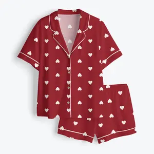 Women's Red Heart Valentine's Day Print Silk Satin Pajama Set Gift for Her Womenswear Homewear Pjs Pyjamas Soft Sleepwear Loungewear