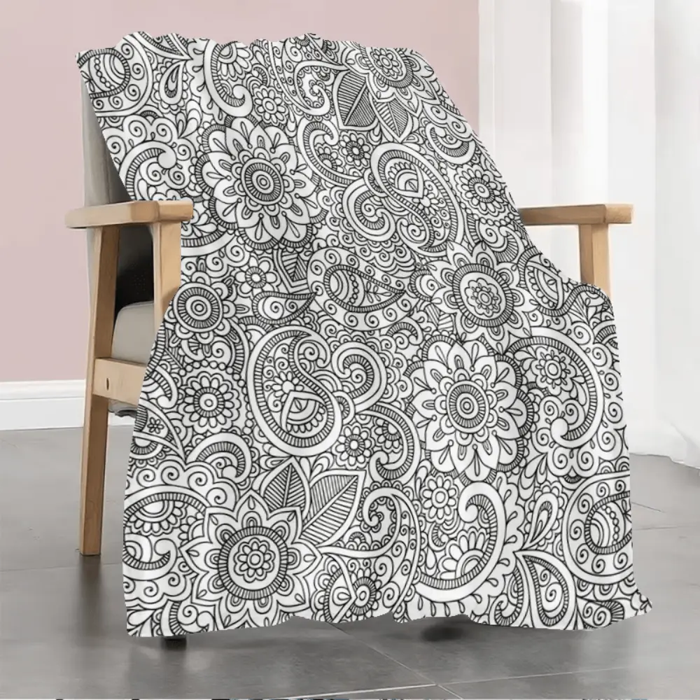Black White Paisley Floral Coloring Book Style Blanket, Soft Flannel Throw Blanket with Boho Mandala Doodle Print, Cozy Gift for Women Girls Teens and Art Lovers, Aesthetic Room Decor for Bed Couch Sofa Dorm, Lightweight Warm Blanket for Movie Night