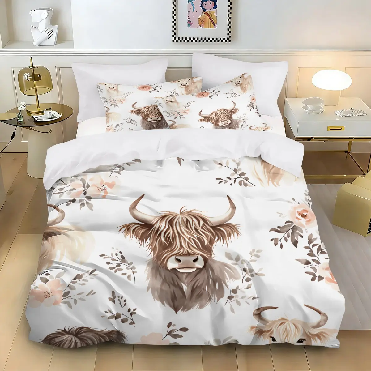 3-piece Hua Ye Cattle Print Bedspread Set (1 bedspread + 2 pillowcases, not including the core), soft and comfortable bedding, suitable for bedroom, dormitory, guest room and home decoration, Decorative Bedding Set