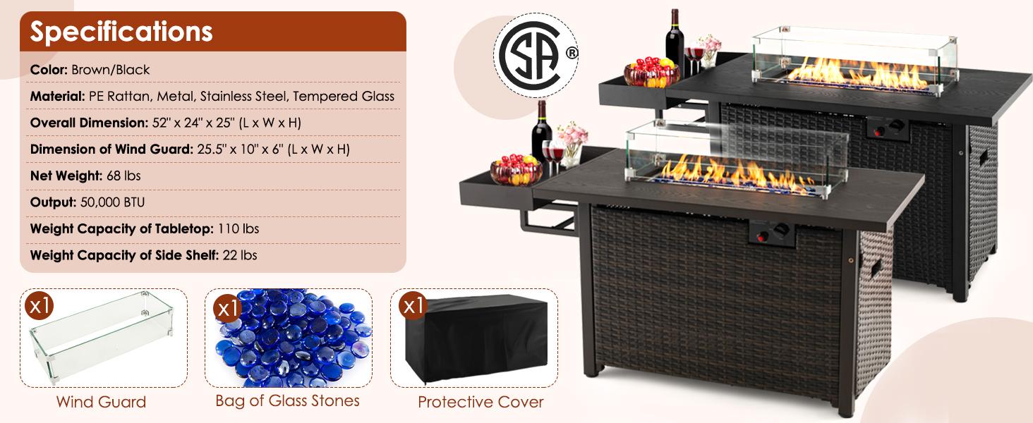 【Costway】-Outdoor Pit Table w/Lid, Waterproof Cover, Tempered Glass Wind Guard & Blue Fire Stone w/Storage Shelf  for Courtyard Balcony Garden Terrace