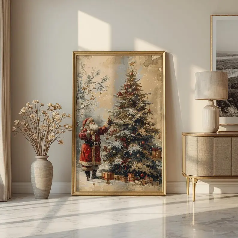 Vintage Christmas Santa Wall Art Poster, Neutral Santa & Tree Drawing, Winter Forest Holiday Poster, Antique Wall Decor Poster