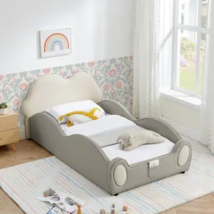 Twin Size Bed Kids PU Leather Bed with Guardrails, Cute Cloud Shape Safety Toddler Bed with Cartoon Beige&Grey Design and Storage Pocket