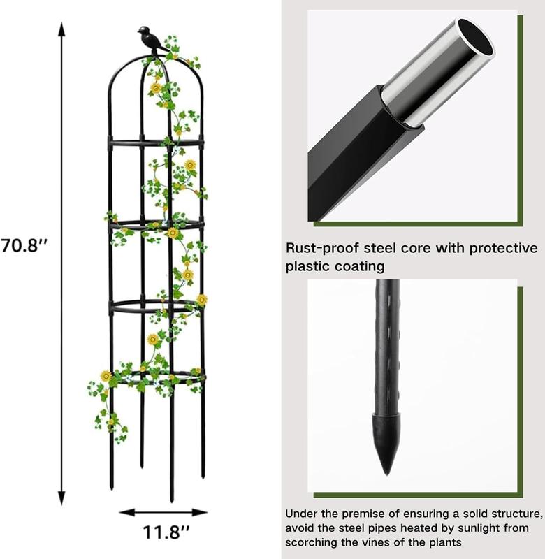 6ft Garden Obelisk Trellis for Climbing -Rustproof Metal Pipe with Heavy Duty Plastic Coated, Garden Outdoor Indoor Potted  Support for Clematis Vine Jasmine Support Black