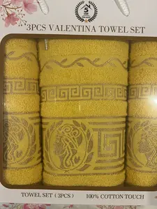 Valentina Bathroom Towels Set - 3-Piece, 100% Cotton Touch, Yellow, Greek Key Pattern, Soft & Absorbent, Ideal for Daily Bathroom Use & Decor