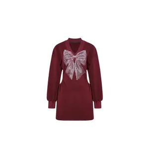 TCH - Wine Red Dress Bow Hotfix Rhinestone Women