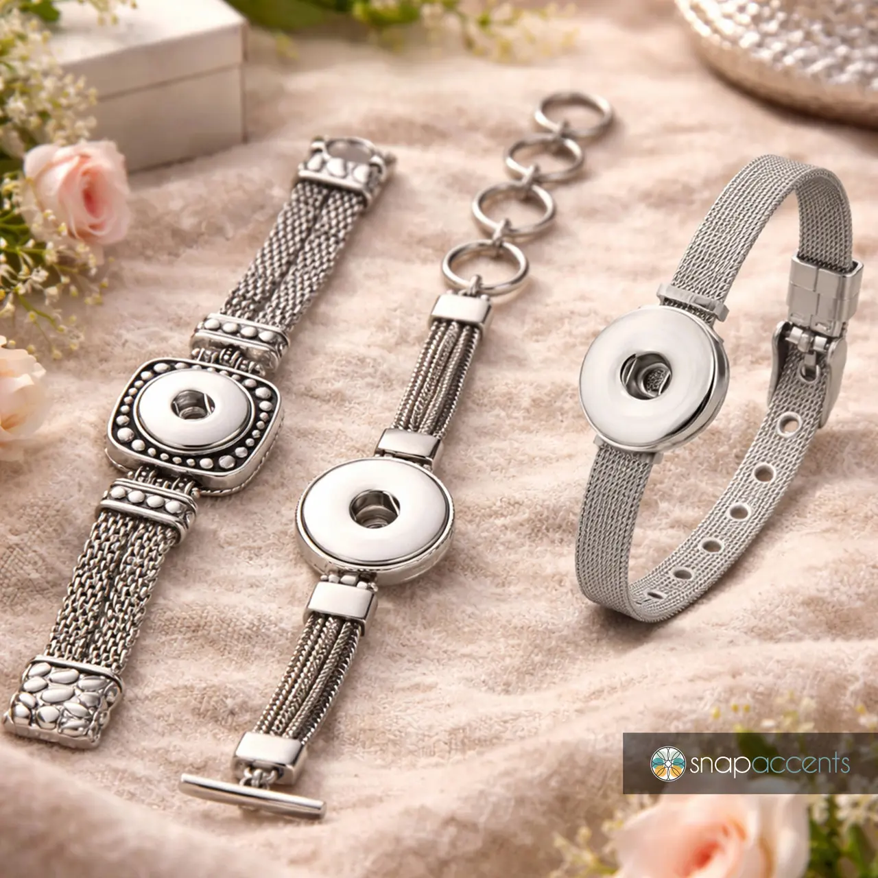 Snap Jewelry Ginger Charm Bracelet, Adjustable Snap Charm Silver Bracelet, Fits Women's 18MM 20MM Customizable Buttons