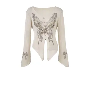 TCH—Light Luxury,Unisex Outfit,New Arrival Rhinestone Women's Butterfly Diamond Tee - Soft Stretch Relaxed Crew Tee, Long Sleeve, Four Season Comfort Fit, Casual Wear | Crew Neck Tops | Date | Commuter