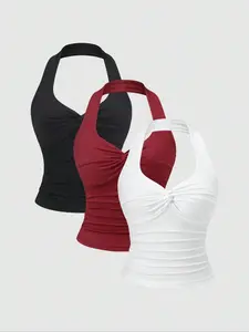 Women's Summer Slim-Fit Three-Piece Set, Halter Neck Sleeveless Casual Top with Twist Design, Waist-Curling Wrinkled Blouse