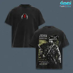 Red Dead Redemption 2 John Marston Graphic Tee - Vintage Acid Wash Heavyweight T-Shirt, Cowboy Revolver Gaming Streetwear Shirt, Boxy Fit Unisex Tee, Gamer Merch Clothing, Wild West Outlaw Top Gift For Him