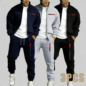 3-piece men's sports suit, stand up zipper jacket and zip pants casual two-piece set, suitable for daily wear and sports