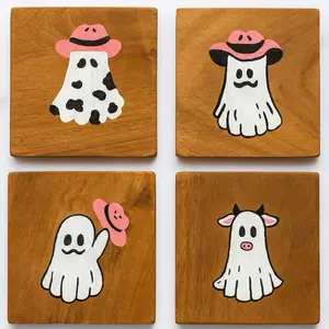 Ghost Coasters - Set of 4 Unique Designs with Ghosts in Pink Hats on Wooden Backgrounds