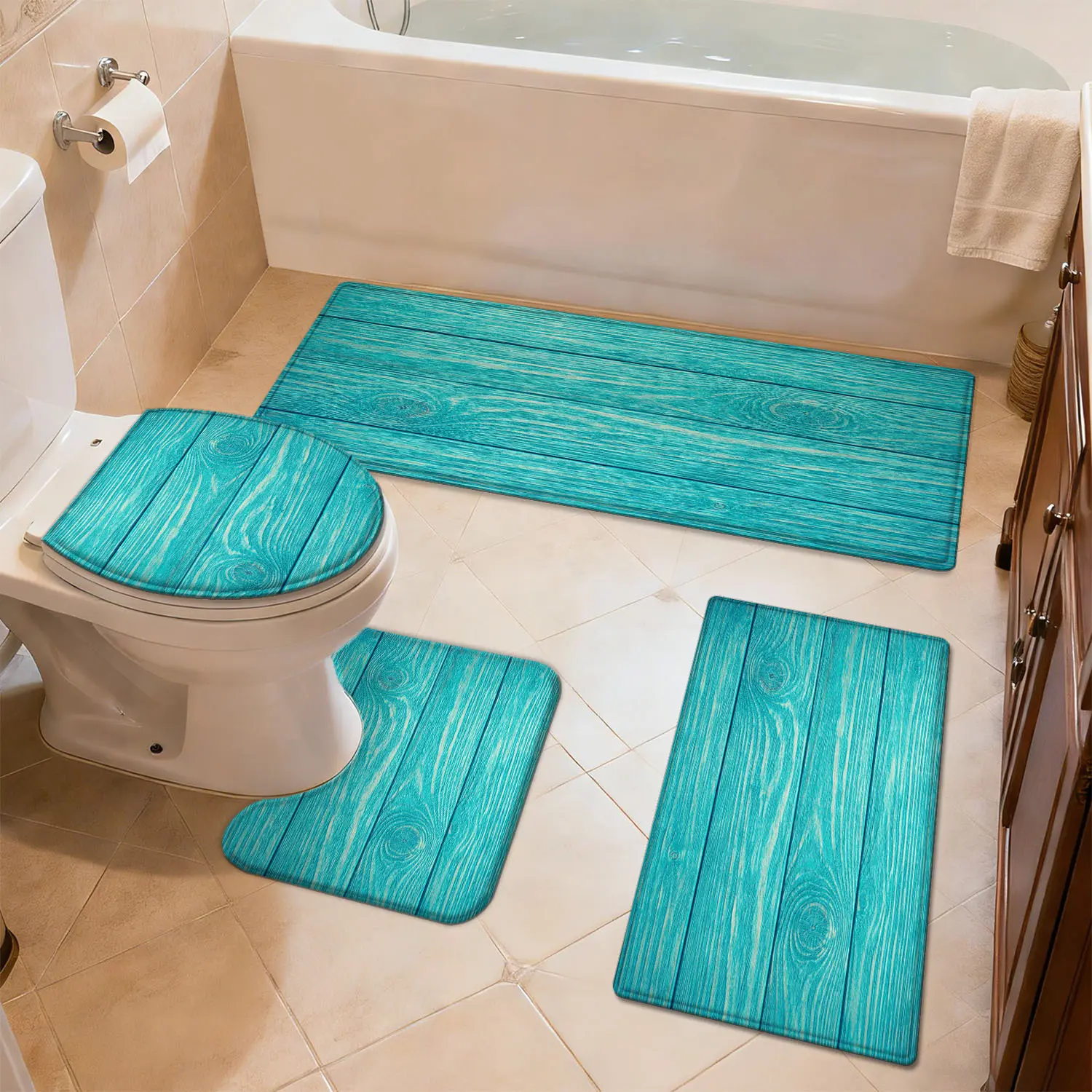 3/4pcs Non-Slip Bath Rug Suitable for Shower, Bathtub & - Thickened Quick-Dry Soft Carpet with Teal Plank Design, Absorbent Machine Washable Mat Suitable for Bathroom, Toilet, Laundry Room, Entry Door, Bedside - Modern Home Decor