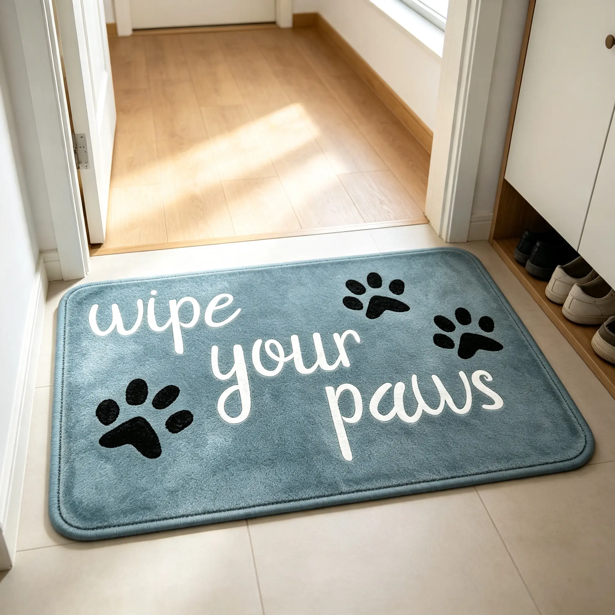 Neutral Pet Themed Entry Mat With Dog Paw Silhouette & Friendly Text Phrase, Non Slip Rubber Back Animal Lover Decor Welcome Mat, Washable Minimalist Indoor Front Door Floor Mat For Pet Parent Household Decor