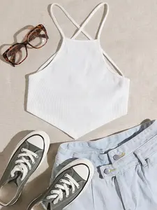 Chic Halter Neck Cross-Back Slim Fit Tank Top, Stylish Ribbed Fabric, Triangle Hem, Perfect for Summer, Trendy Women's Fashion, Womenswear, Knit