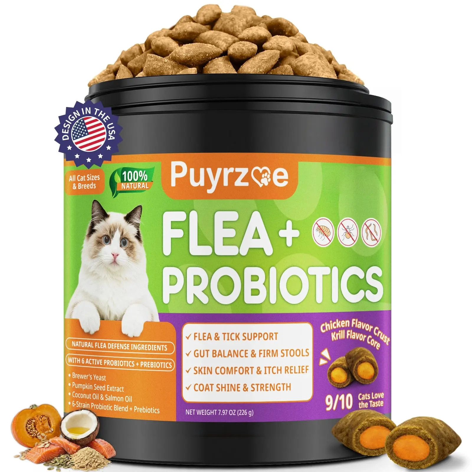 Flea and Tick Prevention for Cats, Flea Treatment for Cats, Itch Relief, Skin & Coat Care, 500 Cat Flea Chews with 6-Strain Probiotics, Gut & Immune Health, Chicken Flavor, All Breeds & Ages sohochic