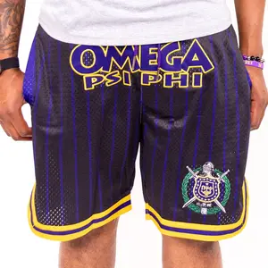 Omega Psi Phi Embroidered Black Shorts with Purple and Gold Stripes