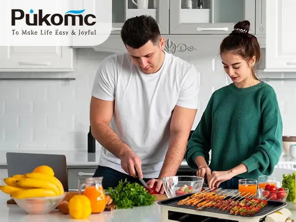 Product Introduction of Pukomc Electric Indoor Grill,2 in 1 Indoor Grills for Kitchen with Grill Net & Non-Stick Cooking Removable Plate, Temperature Control, Dishwasher Safe, 1500W Smokeless barbecue Universal Griddle 0