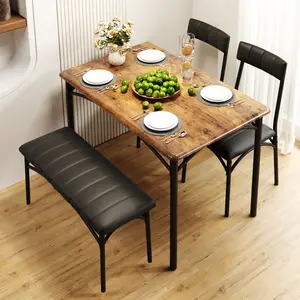Flash sale home items Space-Saving 4-Piece Dining Table Set for 4 – Modern Rectangular Table with Upholstered Bench & 2 Chairs – Compact Dining Room Furniture for Apartment, Home, Studio – Rustic Black Finish