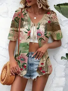 Elegant Boho Style Short Sleeve Knit Cardigan, Colorblock Floral Print, Shell Edge Tie, Bikini Cover-Up, Casual Outerwear for Summer