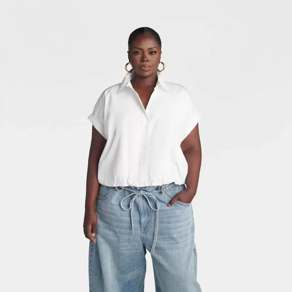 KBB by KAHLANA Women's 'The Cropped Bubble Shirt' - White 4X