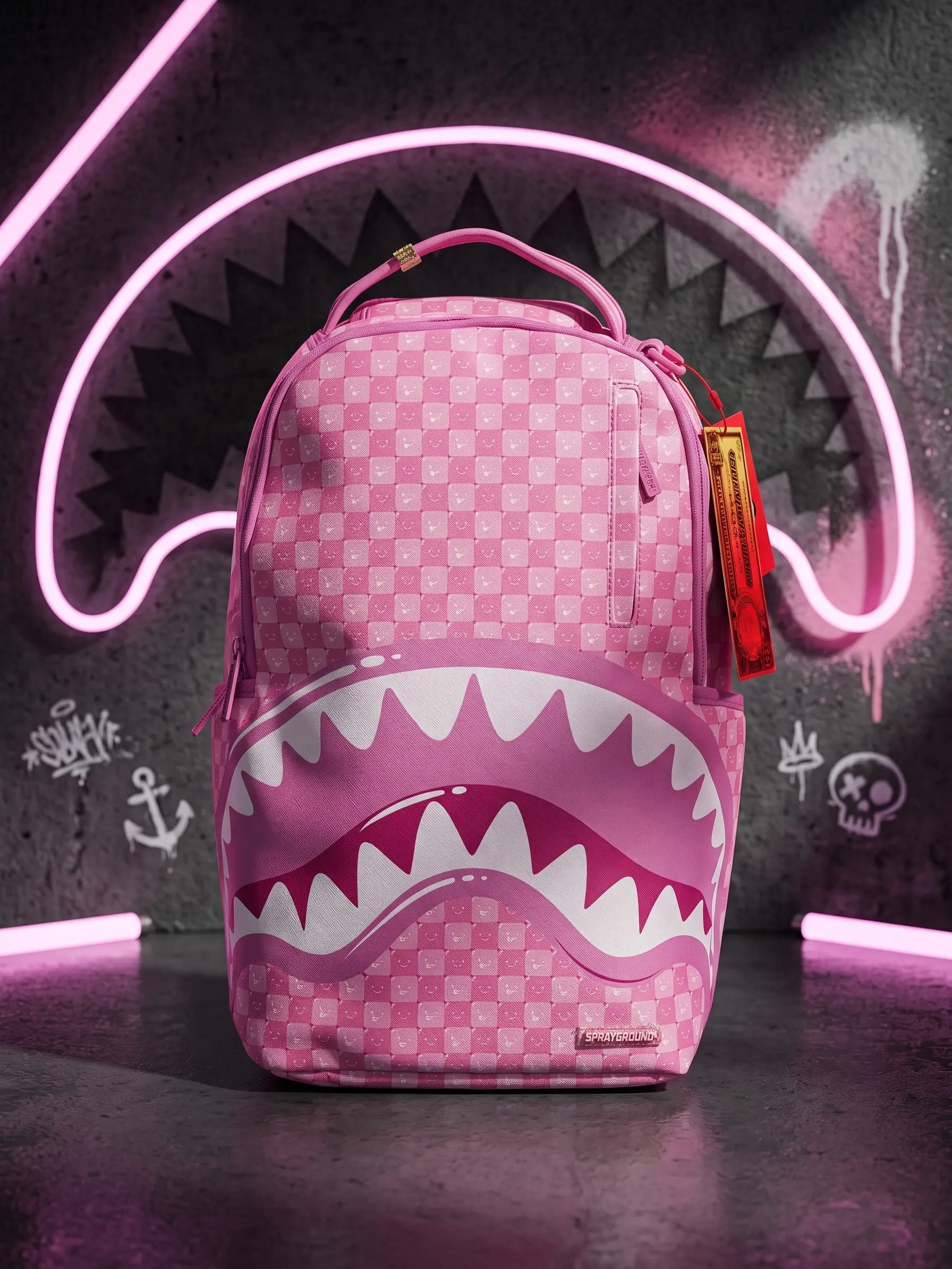 Unisex SG Shark Mouth Backpack, Cute Pink Checkered Sports Outdoor Gym Bag - Durable for School, Weekend Travel Use