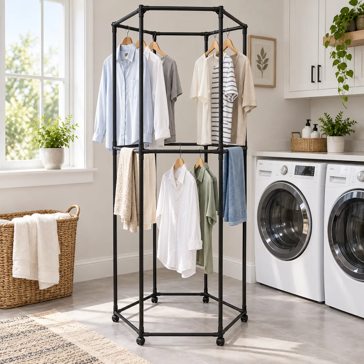 Hexagon Shape Carbon Steel Double-Rod Garment Rack (70x70cm) with Wheels, Freestanding Closet Storage Organizer, Easy-Assembly Space-Saver for Bedroom, Laundry Room