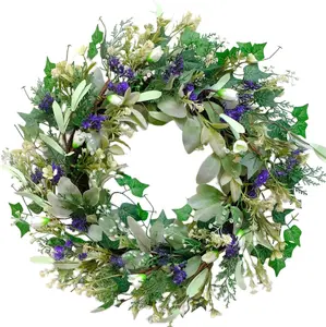 Bibelot 22 Inch Spring Lavender Wreath for Front Door, Artificial Spring Summer Wreath with Lavender Lamb's Ear, Greenery Purple Floral Wreath for Wall Window Home Decor outdoorfun