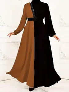 Fashion Round Neck High Waist Lantern Sleeve Women's Arabic Colorblock Tunic Dress, Casual Long Sleeve Loose-Fitting, All Seasons