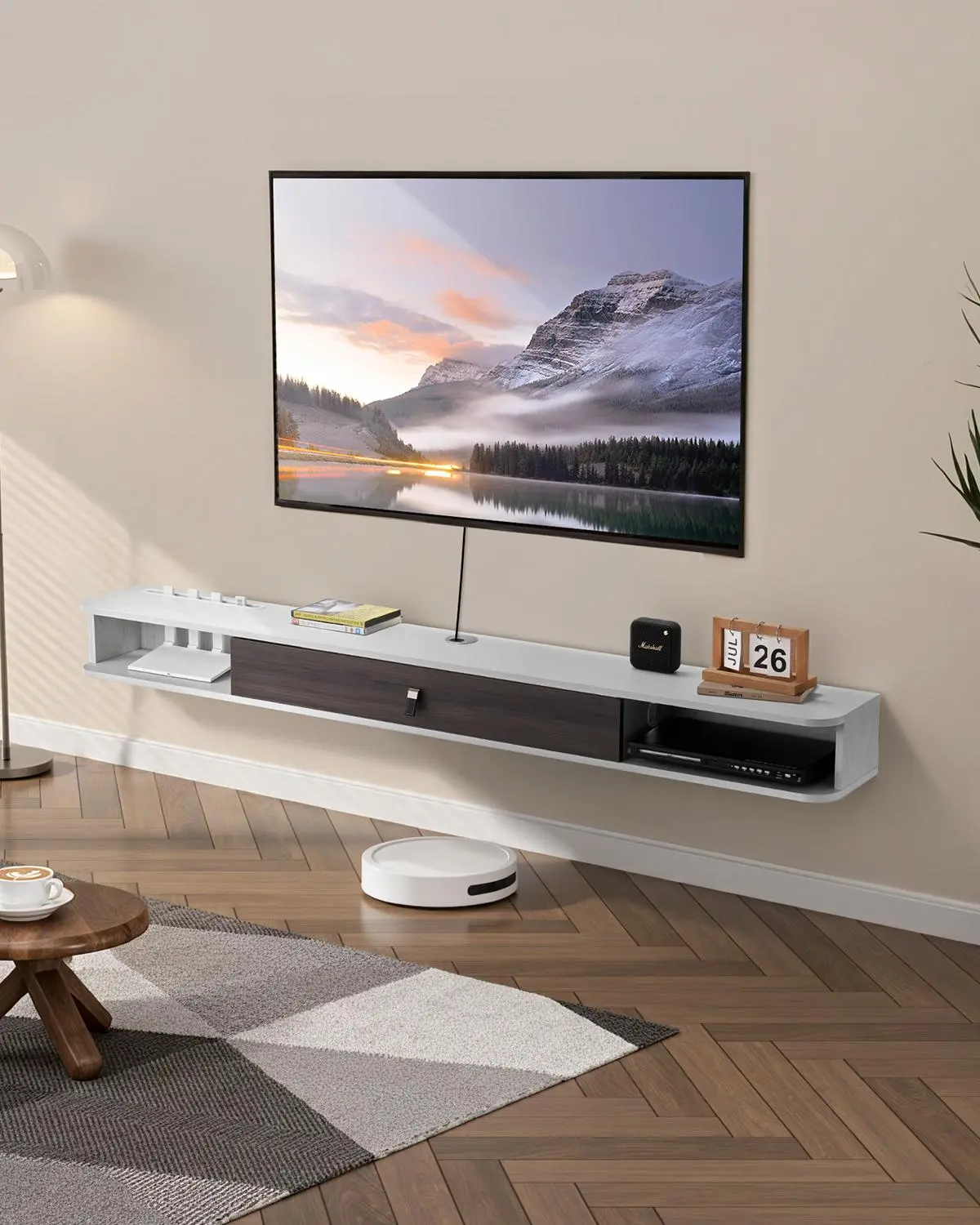 【SummerFinds】VEVOR Floating TV Stand, 70 in Wall Mount Entertainment Center with Cable Hole, Modern Floating TV Shelf with Storage Cabinet, Particle Board Console for DVD Player, Cable Box, Game Console, White