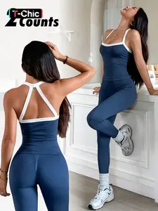 Women's Seamless Fashion Colorblock Halter Top + High Elastic Waist Cinched Belly Slimming Long Pants, Breathable Sweat-Wicking, Solid Tracksuit Set, Yoga Wear, Seamless Sculpting Activewear