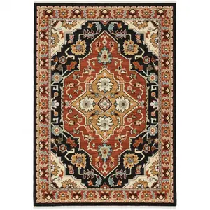 HomeRoots 509226 2x3 ft. Oriental Power Loom Stain Resistant Stainproof Ethnic Area Rug with Fringe, Black, Orange & Beige, Stainproof Area Rugs, Ethnic Area Rugs