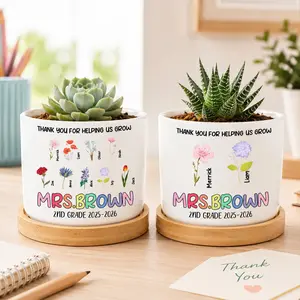 Personalized Ceramic Plant Pot Custom Name And 1 To 10 Names Flower Design Thank You For Helping Us Grow Planter Gift For Teacher Gift For Mom Gift For Dad Graduation Gift From Kids Family Gift Classroom Decor Home Decor
