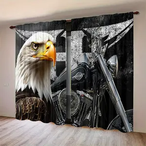 2 pieces of vintage eagle and motorcycle patterned curtains - window stem pocket curtains, suitable for bedrooms, offices, and living rooms - machine washable, polyester fiber material, semi transparent landscape theme decoration, pole free