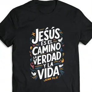 Jesús Es El Camino 100% Cotton Spanish Christian T-Shirt – John 14:6 Verse Religious Apparel, Faith-Based Gift with Doves/Cross for Christians on Easter, Christmas & Church Events