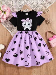 Girls' Fashion Summer Dress, Cute Dress, Cat Print Butterfly Sleeve Patchwork Heart Pattern Long Waistband, Comfortable Elegant Youth Clothing, First Day School Outfit