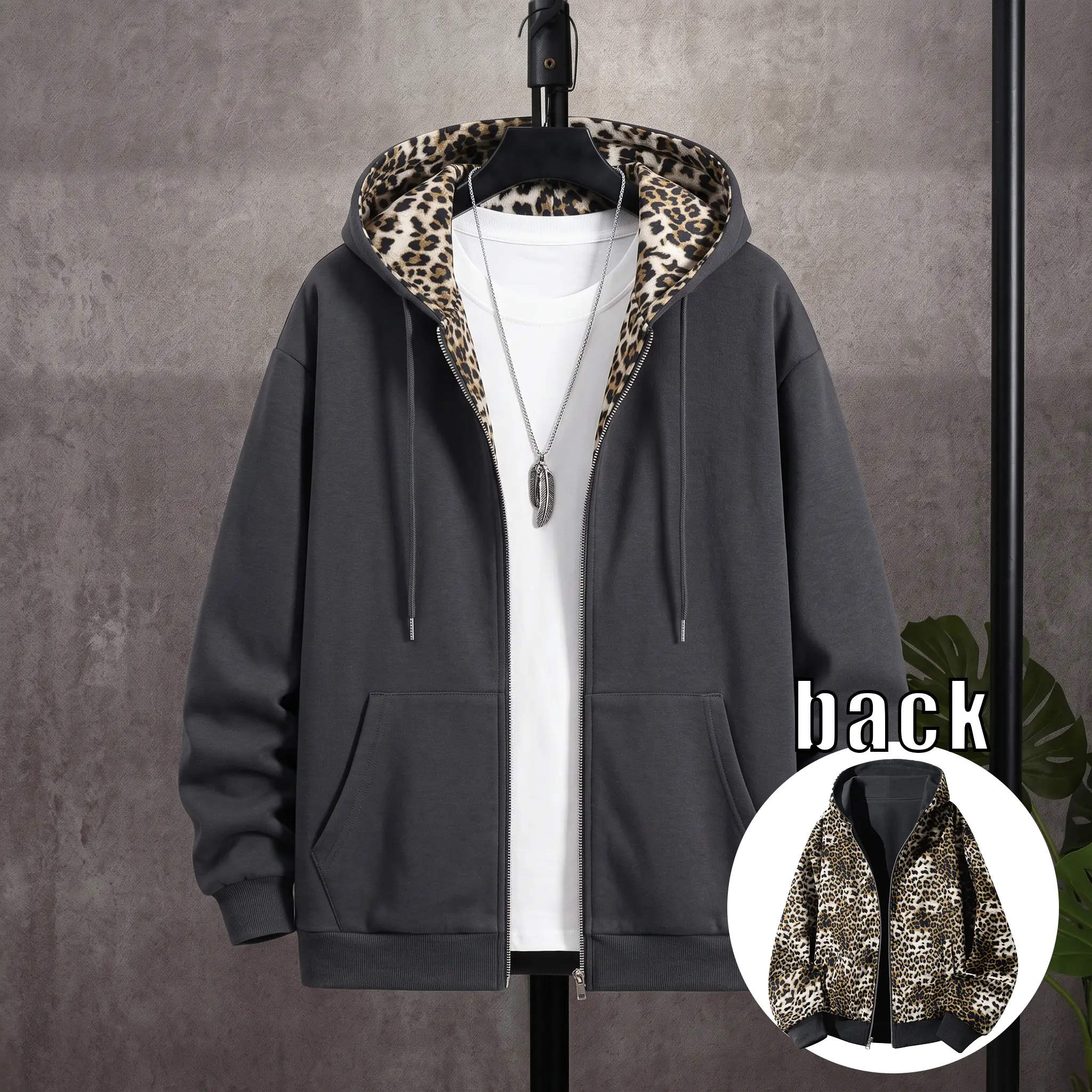 Men’s Y2K fashion leopard-print zip-up hoodie; vintage casual loose cotton blend long-sleeve solid-color jacket; menswear; suitable for everyday wear, commuting, and street style