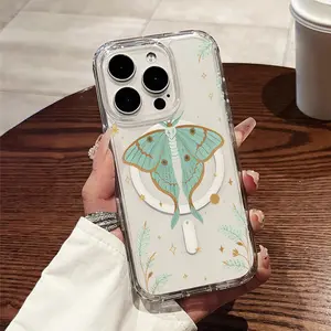 Dreamy light green moth and star leaf pattern magnetic phone case, suitable for iPhone 11/17 Pro Max, and compatible with Samsung Galaxy S25, S24, S23 Ultra. A drop-resistant phone case, perfect as a gift for holidays, birthdays, or Valentine's Day.