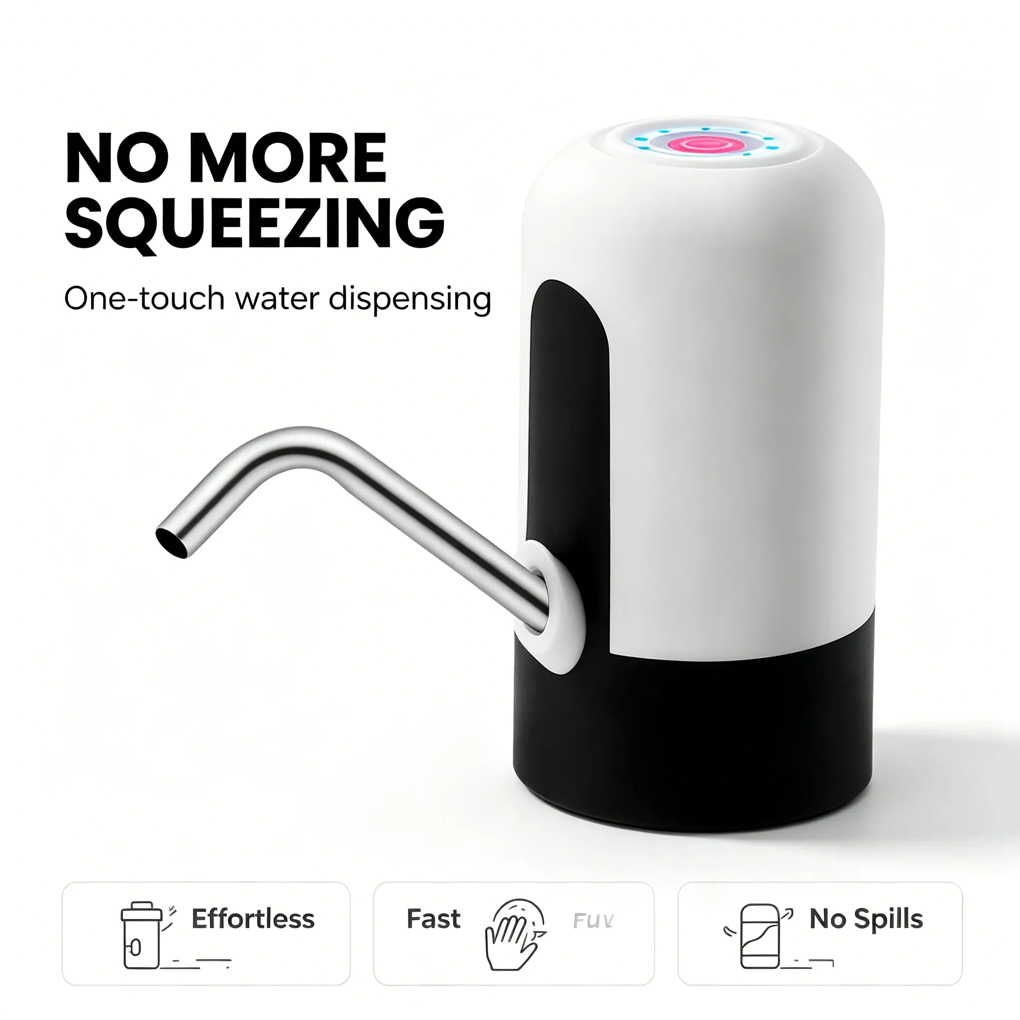 Cordless Fast USB Rechargeable Electric Water Bottle Pump - 5 Gal Automatic Dispenser with Stainless Steel Curved Spout, 1-Touch Portable for Home/Office, Camping