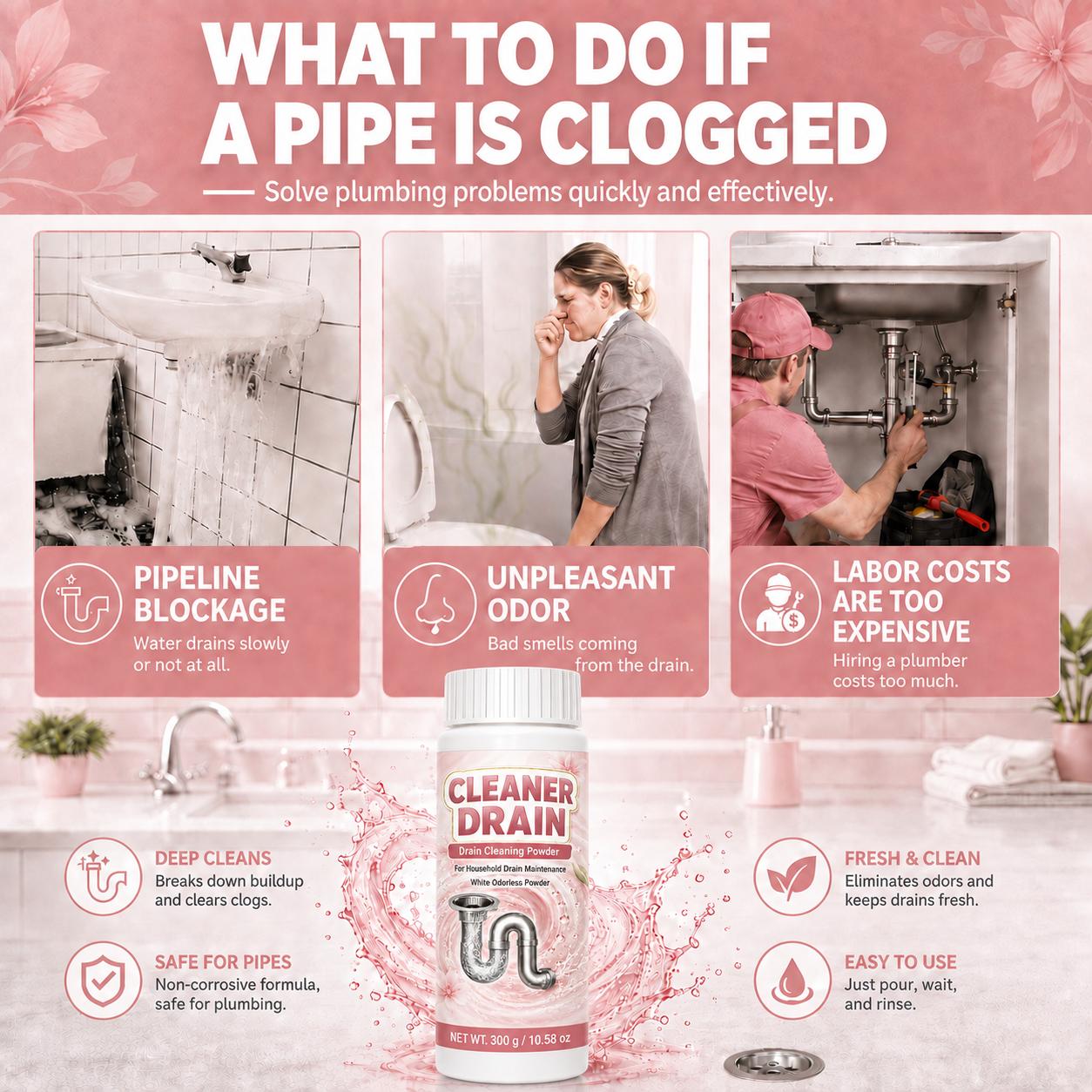 Drain Cleaner Powder 300g, White Powder Drain Unblocker for Kitchen Sink, Bathroom Drain, Shower Drain and Utility Pipes, Helps Break Down Hair, Soap Scum, Grease, Food Residue and Odors, Easy Home Drain Care