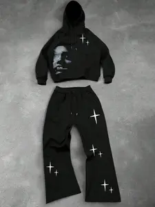 Men's Fall Winter Sports Set, Hooded Sweatshirt and Pants Two-Piece, Portrait Star Print, Street Fashion Casual Unique, Streetwear Tracksuit Set