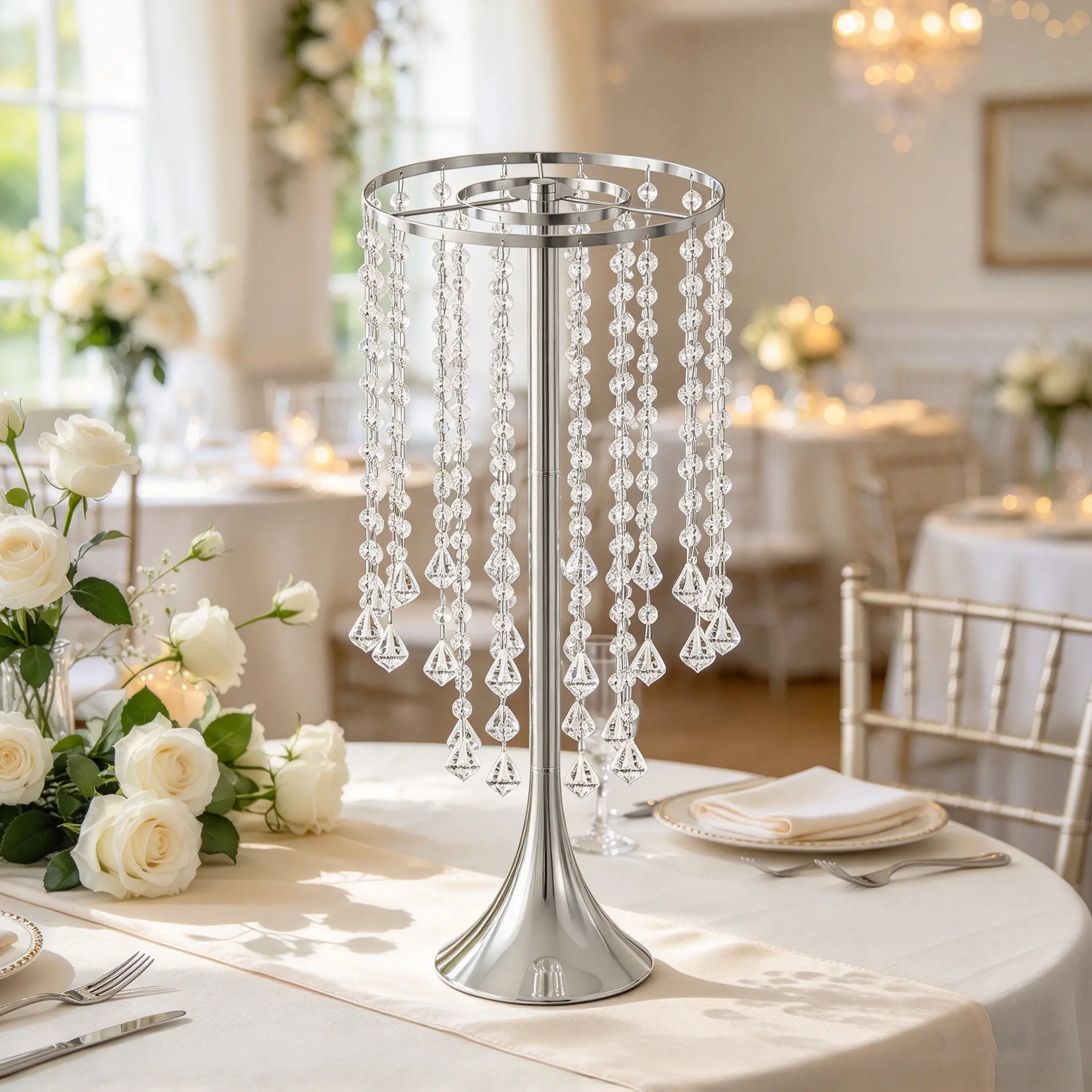 Set of 10 European romantic silver bell-shaped iron flower vases with acrylic beads, electroplated and polished, with drilled holes for stringing; includes diamond pendant; ideal for weddings, parties, and celebrations; tabletop centerpieces/decorations