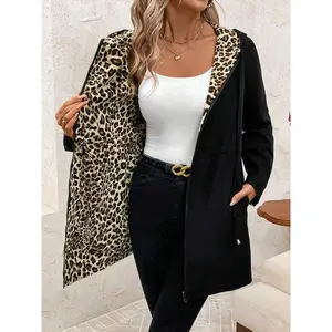 Women’s hooded zip-up jacket with a reversible design in leopard print and solid colors, casual street style, suitable for all seasons, women’s top GARMENTARY