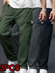 Men's Casual Fitted Cargo Pants, Solid Color, Drawstring Waist, Side Pockets, Comfortable Fit for Everyday Wear, 3-Pack Set