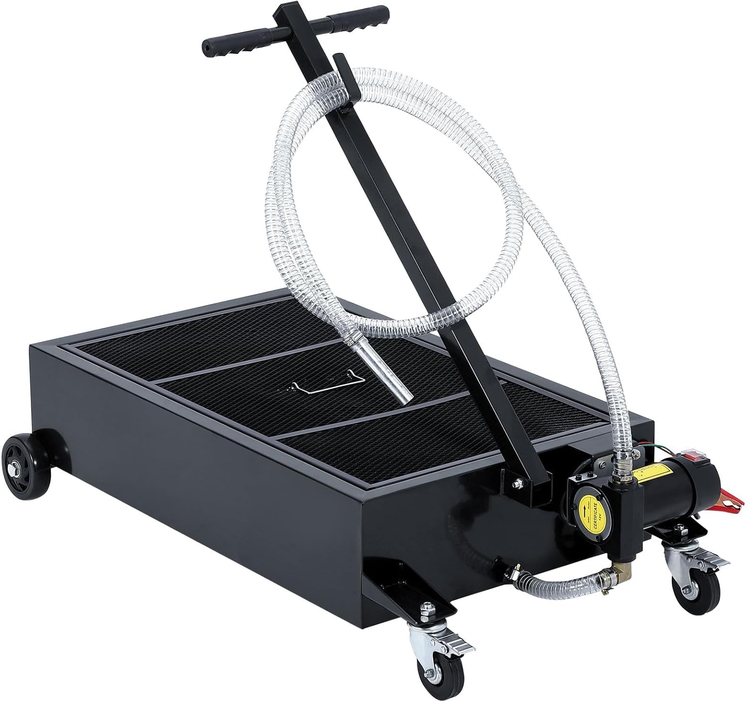 20/25 Gallon Low Profile Oil Drain Pan, Oil Change Pan with 12v Electric Pump, 8FT Hose & Folding Handle Rolling Oil Drain Cart Design for Cars, SUVs, Trucks, Buses, RVs