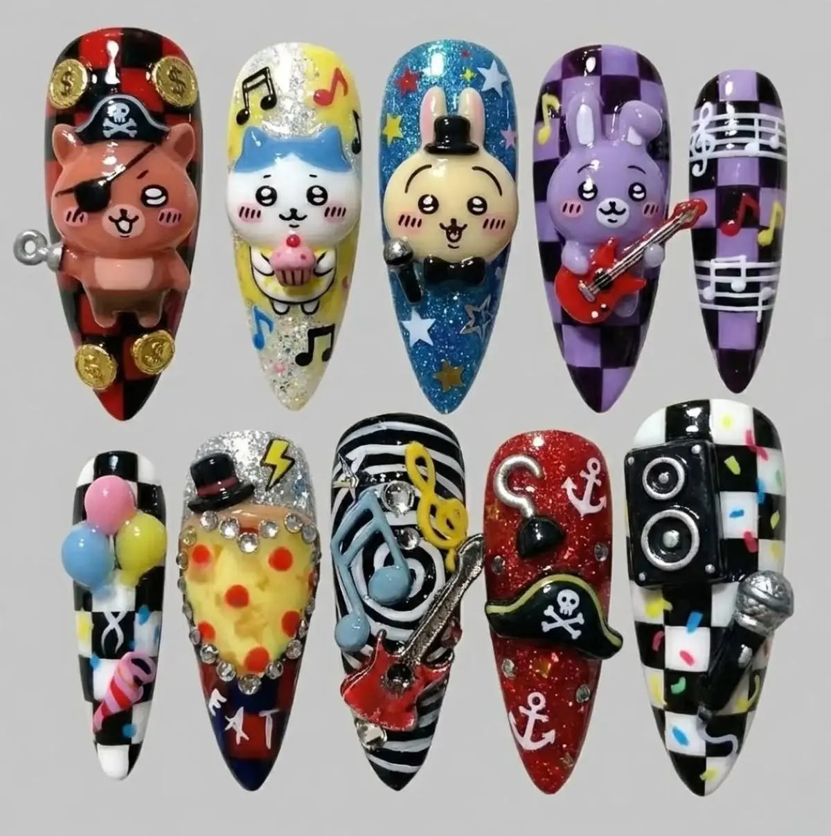 Cute Chiikawa 3D Cartoon Press On Nails, Cute Rock Punk Nail Art, Handmade Rabbit Cat Guitar Fake Nails, Y2K Street Style Acrylic Nail Set with Free Adhesive Tabs Nail File & Cuticle Stick