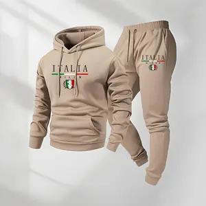 Men's Italian Letter Pattern Print Hoodie and Drawstring Sweatpants Set, Menswear, Casual Athletic Long Sleeve Hooded Jacket & Trousers for Fall & Winter, Men's Clothing for Daily Wear, Sportswear Indoor Outdoor, Tracksuit, Athleisure